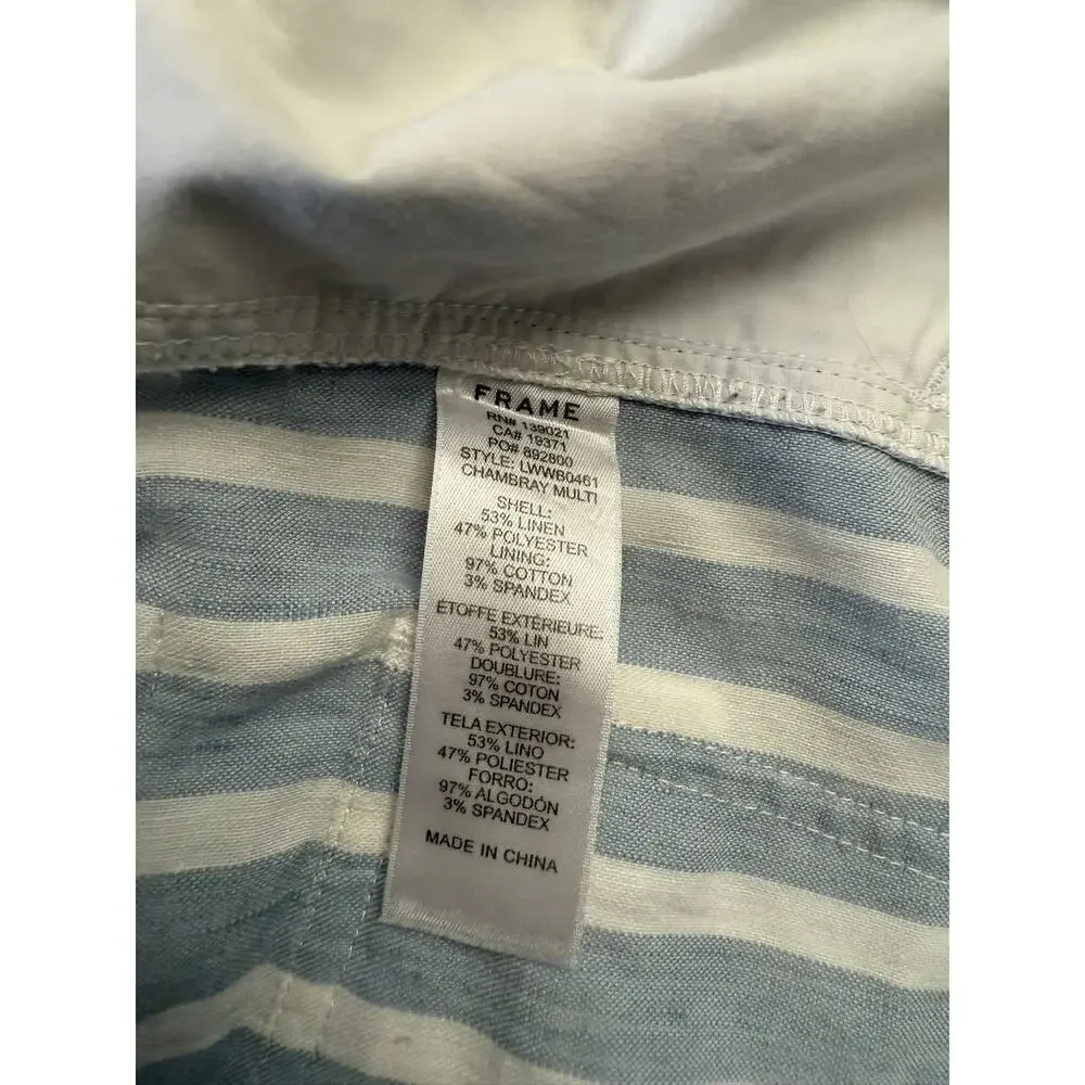 FRAME Women's 6 Casual Linen‎ Blend Shorts Chambray Light Blue Stripe